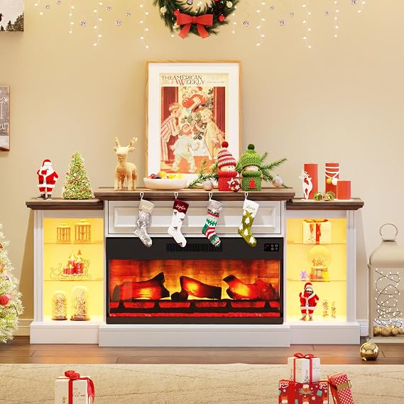 AMERLIFE 70" Electric Fireplace with Mantel, Farmhouse 3-Sided Fireplace TV Stand for TVs up to 75 Inch, Entertainment Center with Adjustable Shelves & LED Light, Distressed White