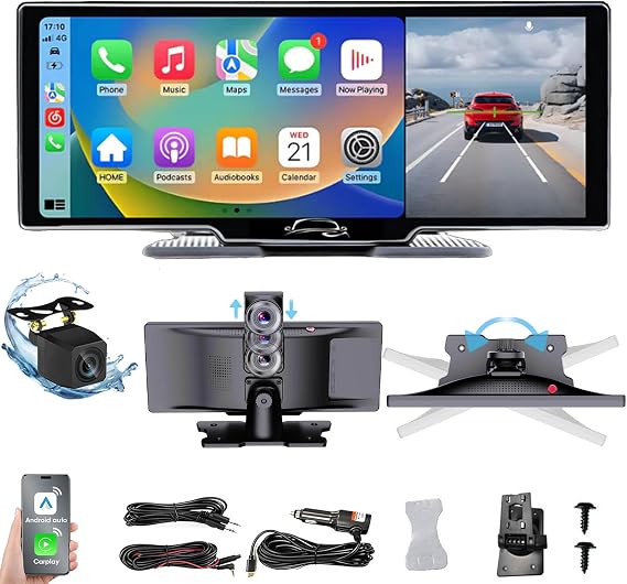 Smartdash Pro Carplay Tablet, Smart Dash Camera for Cars, 10.26" HD Touch Screen Car Stereo, 4K Dash Cam Front and Rear with Voice Control, Mirror Link, Bluetooth, GPS Navigation, AUX/FM (Without TF)