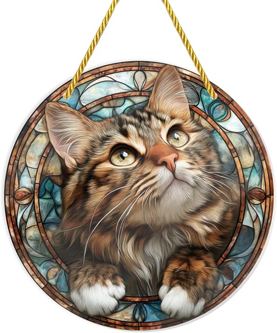 Vibrant Cat Portrait Round Stained Glass Window hangings, Wall Art Suncatcher Acrylic Ornaments, Decor for Conservatory, Reading Nook,for Animal Lovers & Cozy Home Fans, 6x6inch