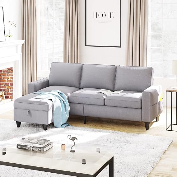 Lonkwa Convertible Sectional Sofa, Light Gray L-Shaped Couch, Living Room Couches with Reversible Storage Ottoman, 3-Seat Sectional Couch for Living Room, Apartment, Office, Small Space