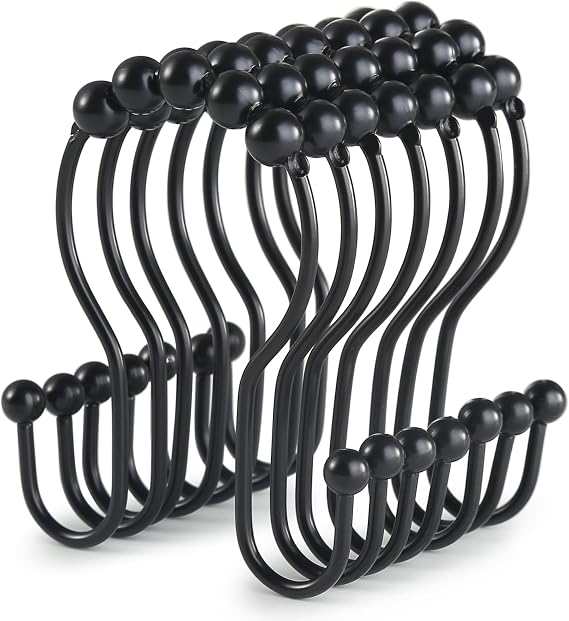Goowin Shower Curtain Hooks, 12 Pcs Shower Curtain Rings, Stainless Steel Black Shower Curtain Hooks, Shower Curtain Rings Rust Proof, Smooth Sliding Anti-Drop Double Shower Rings for Curtain (Black)