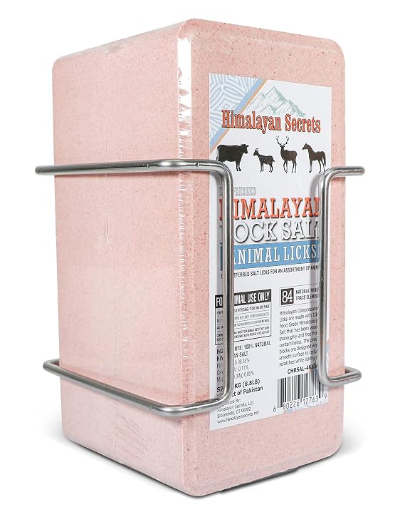 Himalayan Secrets Compressed Salt Lick Brick with Holder, Animals - 4kg | Compressed pink Himalayan feed salt with holder | 84 trace minerals for livestock, horses, cattle and wildlife alike