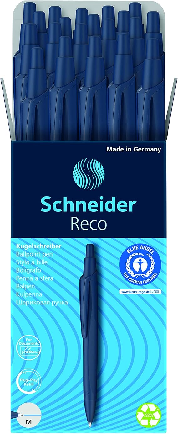 Schneider Reco Ballpoint Pen, M (Medium), Refillable and Retractable, Blue Barrel, Box of 20 Pens, Blue Ink (131813)