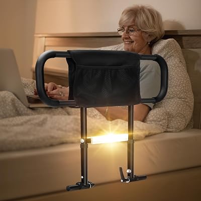 Bed Assist Rails for Elderly Adults with Night Sensor Light,Adjustable Height and Width,Foldable Bed Cane for Seniors with Storage Pocket, Bed Guard Rails for Adults,Fit King,Queen,Full,Twin Bed