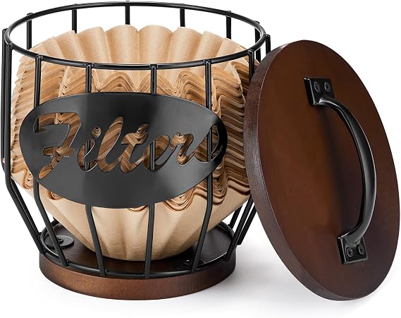 Yangbaga Coffee Filter Holder with Lid: Metal Storage Container for 2-4 Cup | Sturdy Round Wooden Base-High Quality Iron Handle-Stainless Steel Container Basket-Counter Coffee Bar/Accessories Decor