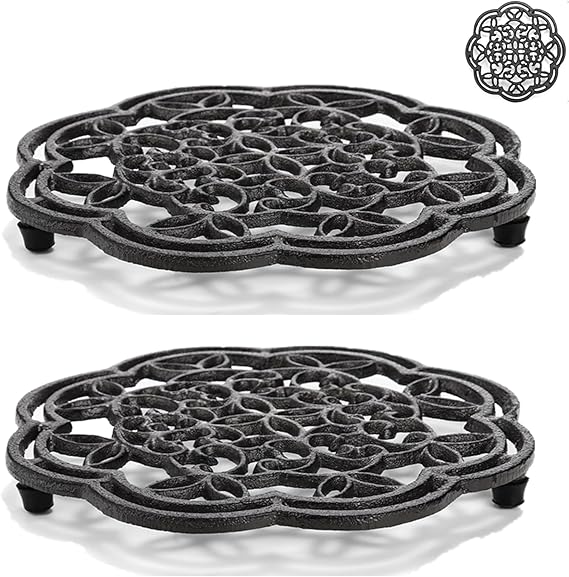 Yopay 2 Pack Cast Iron Trivet Heavy Duty, 7.7 inch Round Metal Trivet for Hot Pans or Teapot, Rustproof Pot Stands Holders with Rubber Pegs for Countertop, Dining Table, Kitchen Farmhouse Decoration