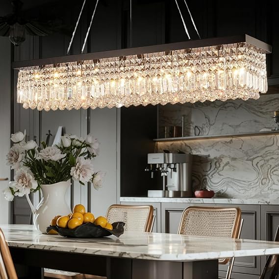 Modern Crystal Chandelier for Dining Room,10-Light Black Rectangle Pendant Ceiling Light Fixture for Kitchen Island Bar, L47 x W10 x H10