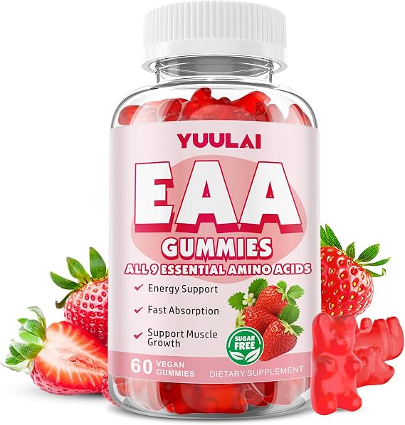 EAA Gummies Essential Amino Acids - All 9 Essential Aminos (EAA) and All Branched-Chain Aminos (BCAAs) for Muscle Recovery, Energy Support, Strawberry Flavor, 60 Count