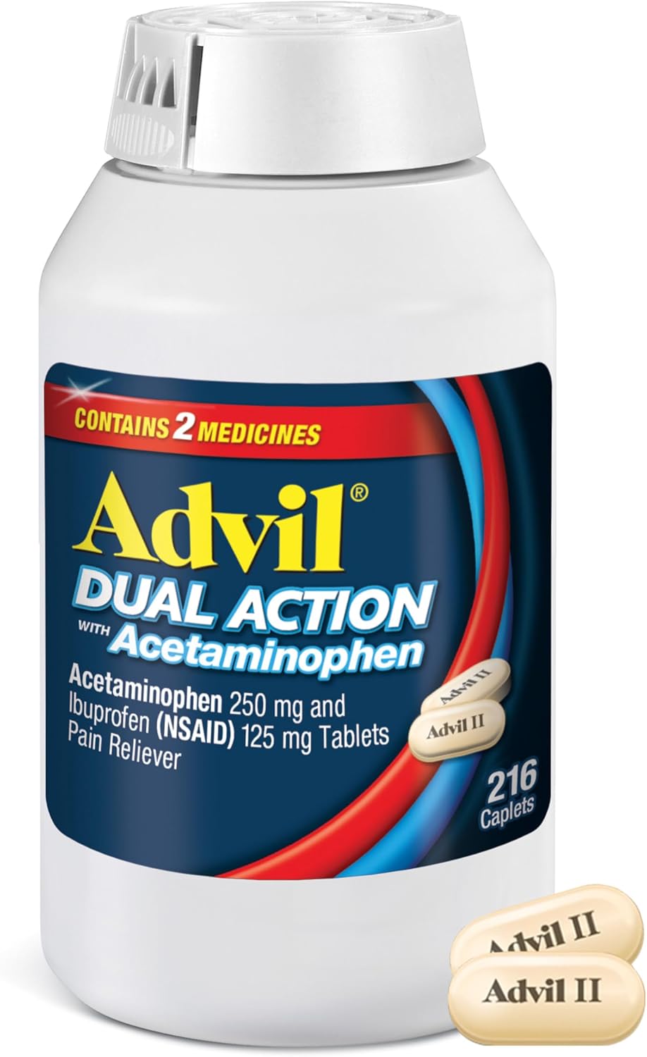 Advil Dual Action Coated Caplets with Acetaminophen, 250 Mg Ibuprofen and 500 Mg Acetaminophen Per Dose 2 Dose Equivalent for 8 Hour Pain Relief - 216 Count