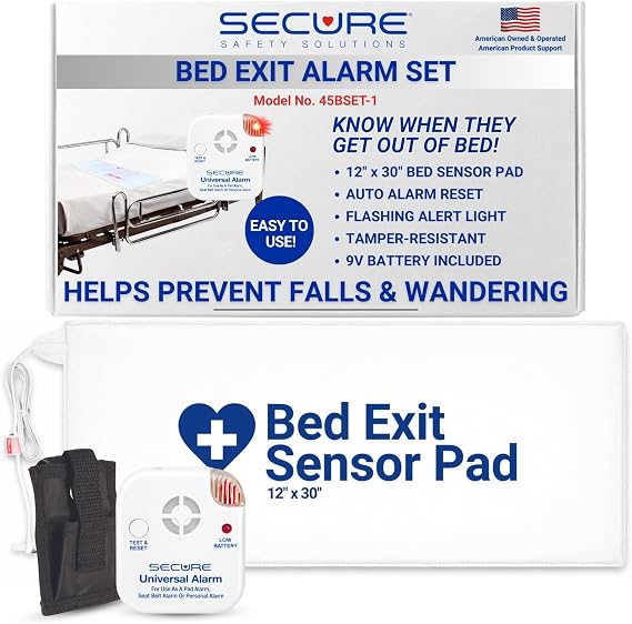 Secure Safety Solutions Bed Exit Alarm for Elderly Dementia Patients | 12x30 Pressure Sensor Pad, 80 dB Caregiver Alert Monitor, Protective Holder, 9V Battery, Fall Prevention, Monitoring Seniors