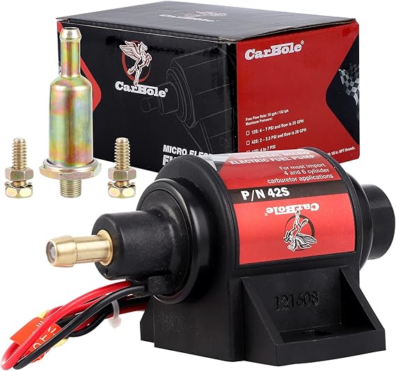 CarBole Gasoline Electric Fuel Pump Universal 5/16 Inch Inlet and Outlet Inline 12V 1-2A 28GPH 2-3.5P.S.I. Operating Fuel Pressure