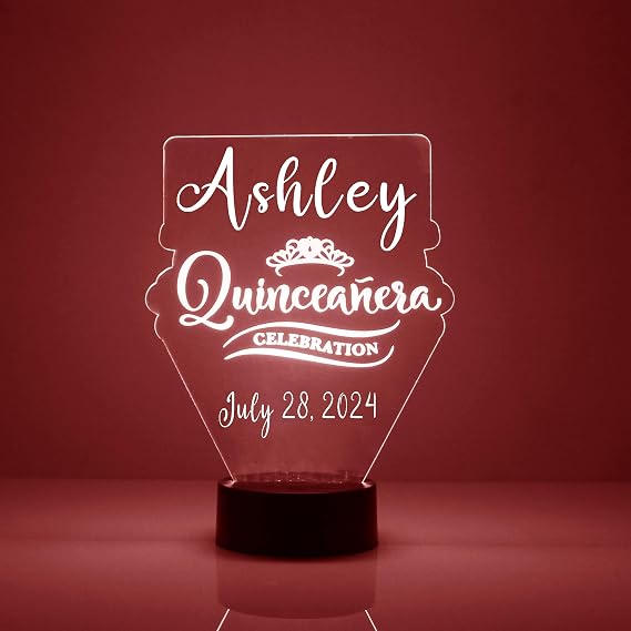 Custom Quinceanera LED Sign Night Light Lamp with Remote, Light Up Display with Personalized Name or Image, Customized and Made in the USA, Clear Acrylic Home Decor Design with 16 Colors, 4 Modes