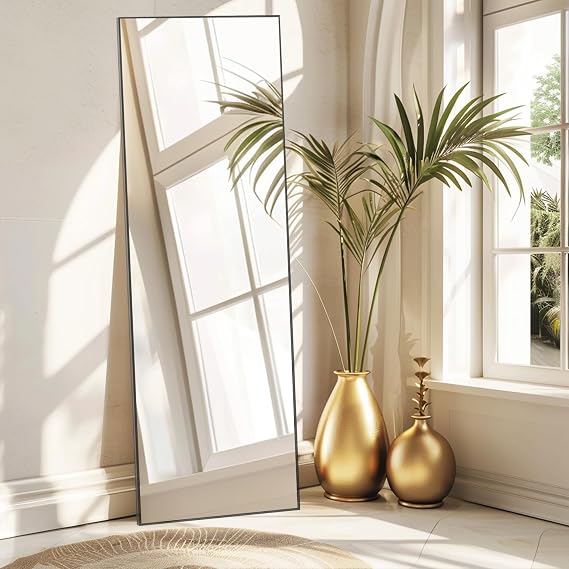 Full Length Mirror with Stand - 59x15 Large Full Body Wall Mounted or Standing Aluminum Alloy Frame Mirror for Bedroom and Living Room, Decorative Furniture Piece, Black