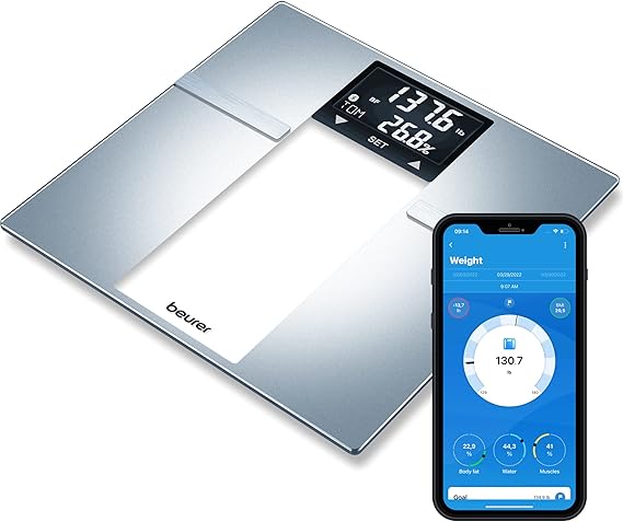 Beurer BF720 Smart Scale for Body Weight, Body Fat, Body Water & More 400 lb Capacity, Bluetooth App, Calorie Data, User Recognition, XL LCD Display, Glass Digital Bathroom Scale Grey