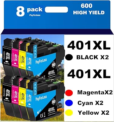 PayForLess LC401XL Ink Cartridges for Brother Printer Compatible LC401 Ink Cartridges for MFC-J1010DW MFC-J1012DW MFC-J1170DW Printer 8 Pack 2 Black, 2 Cyan, 2 Magenta, 2 Yellow