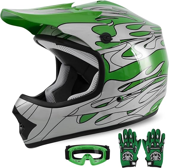 Kids Dirt Bike Helmet Youth Motorcycle Helmet DOT-Certified Full Face Helmets for Motocross ATV Off-Road Street Bike with Goggles & Gloves, Green Flame Large | Motorcycle Riding Gear included Goggles & Gloves, Ultra-Lightweight, For ATV UTV Off-Road, Green Flame Large