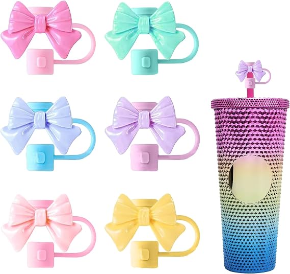 Bow Straw Cover Compatible with Starbucks Cup, 7-8mm Silicone Straw Topper | 6Pcs Reusable Dust-Proof Straw Cap for Tumblers, Cute Colorful Cup Accessories