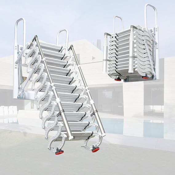 12 Steps Attic Stairs,Wall Mounted Folding Loft Ladder,Retractable Collapsible Stairs,Extension Steps Ladder with Armrests,Telescoping with Pulldown System (White, Step 12)