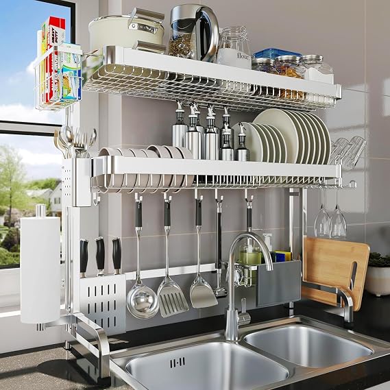 LIVOD Over The Sink Dish Drying Rack,3 Tier Adjustable Length Full Stainless Steel Large Storage Kitchen Dish Rack,for Kitchen Counter Expandable Multifunctional Organizers,Silver (25.5'' to 37.6'')