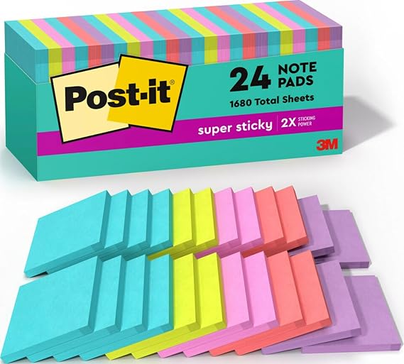 Post-it Super Sticky Notes, 3 x 3 in, Supernova Neons, 24 Pads