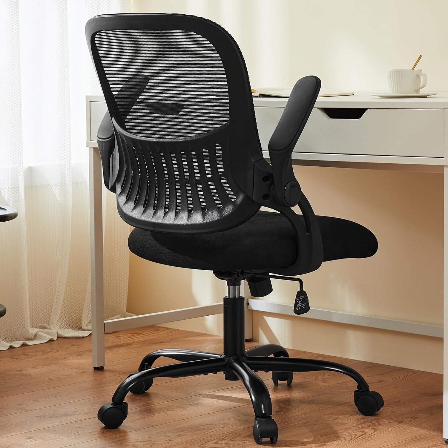 Sweetcrispy Office Computer Desk Chair Ergonomic Mid Back Mesh Rolling Work Swivel Task Chair with Wheels Comfortable Lumbar Support Comfortable Flip Up Arm for Home Bedroom Study Student Black