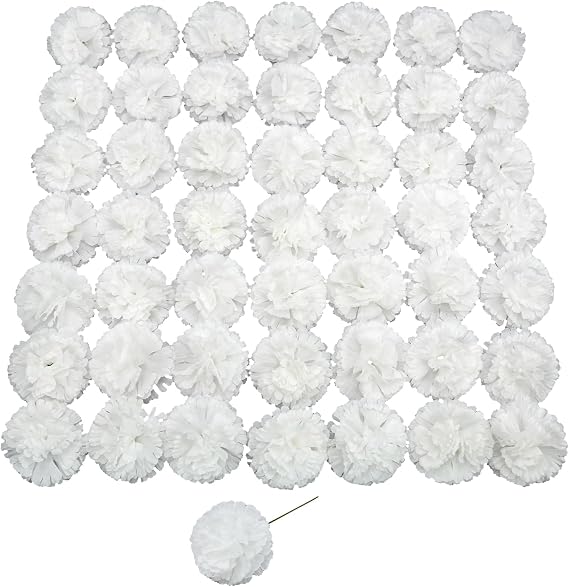 Artificial Carnation Flower, 50 Pcs White Silk Carnation Bulk with Stem