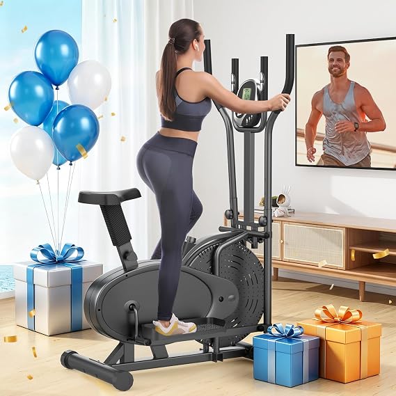 2 in 1 Cross Trainers with Adjustable Resistance & Seat for Home | Elliptical Cross Trainer with LCD Monitor, Pulse Sensor, Tablet Holder for Home Use, Max 120kg Weight Exercise Machines