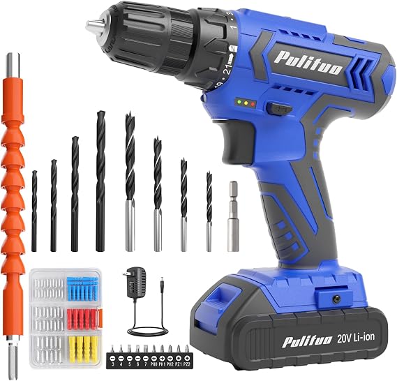 PULITUO 20V Electric Power Drill with Battery and Charger, 30N.m Torque, 21+1 Speeds, 59-pcs Drill Driver Bits Kit and Screws Set (Blue)