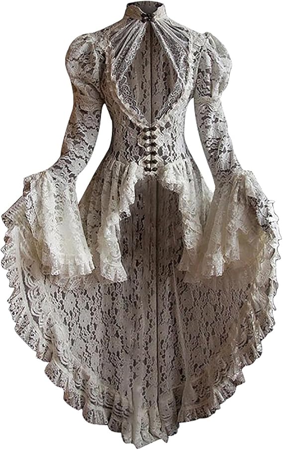 Ladies Lace Patchwork Dress UK Clearance Stand Collar Long Sleeve Dresses Flared Sleeve Dresses Gothic Court Gown Slim Party Dress Women's Dress Irregular Hem Swing Dress High Waist Midi Skirt
