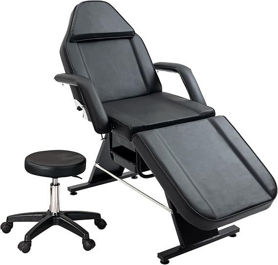Massage Salon Tattoo Chair with Two Trays Esthetician Bed with Hydraulic Stool,Multi Purpose 3 Section Facial Bed Table, Adjustable Beauty Barber Spa Beauty Equipment, Black