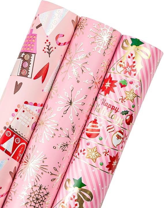 WRAPAHOLIC Christmas Wrapping Paper Roll - Mini Roll - 3 Rolls - 17 Inch X 120 Inch Per Roll - Pink Christmas tree, House, Snowflake Holiday Collection