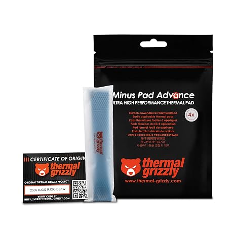 Thermal Grizzly Minus Pad Advance - 120x20x1.5mm 4-Pack Thermal Interface Pad, Electrically Non-Conductive, High Thermal Conductivity & Compressibility for SSDs, GPUs & Electronics