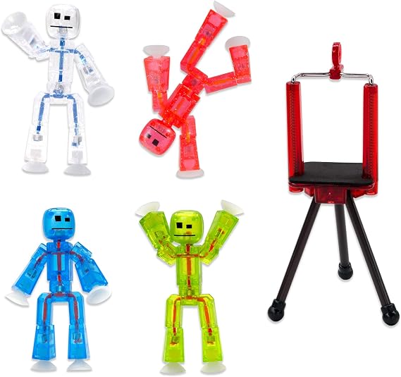 StikBot Zing, Set of 4 Clear Poseable Action Figures and Mobile Phone Tripod