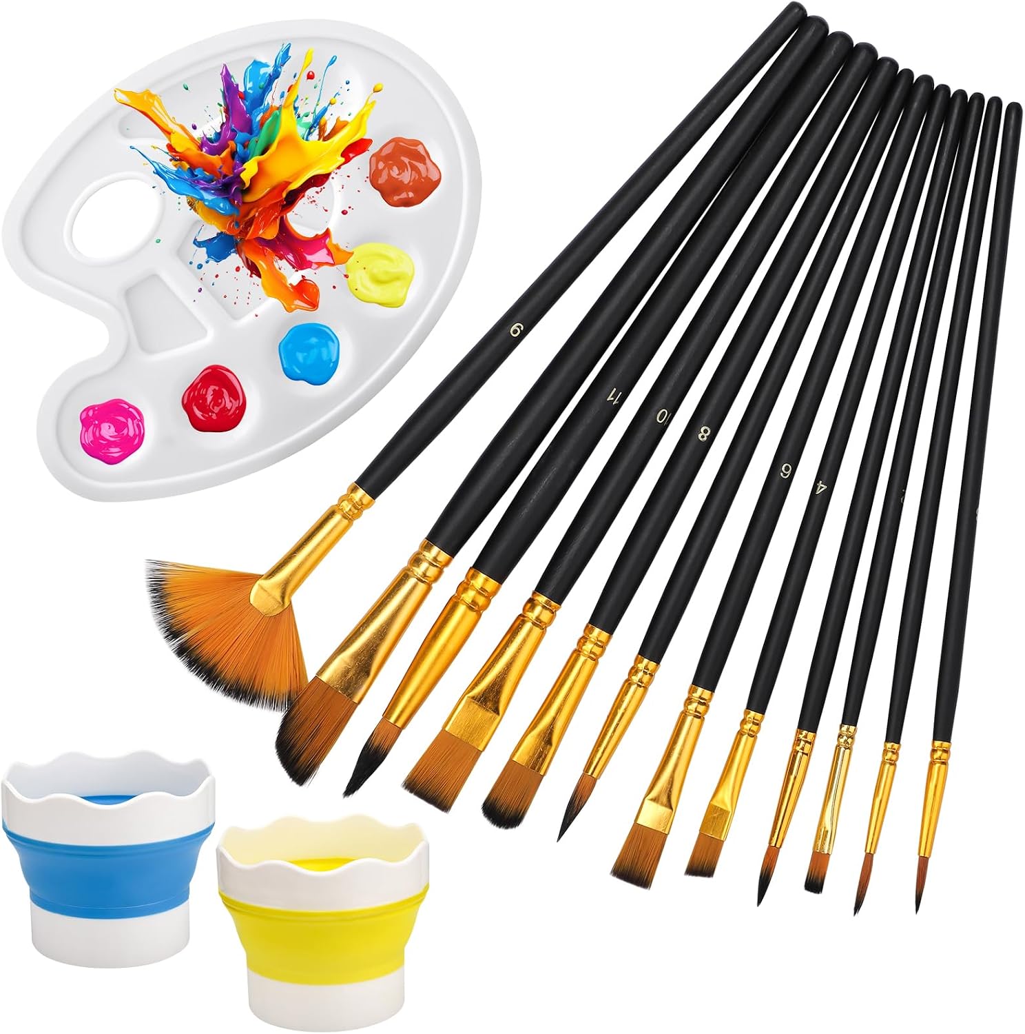 Pack of 12 Watercolour Brushes with 2 Brush Cups and 1 Piece Mixing Palette Brush Set Watercolour Brush Set Acrylic Paints Brush Set for Acrylic Watercolour Oil Painting Gouache Stone