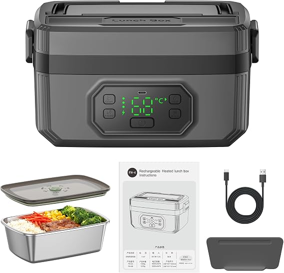 Cordless Rechargeable Electric Lunch Box, Fast-Charging Adult Heating Lunch Container, Rechargeable 24000mAh Battery, Portable Insulated Lunch Box, 1600ml Food Container, Adjustable Heating Timer