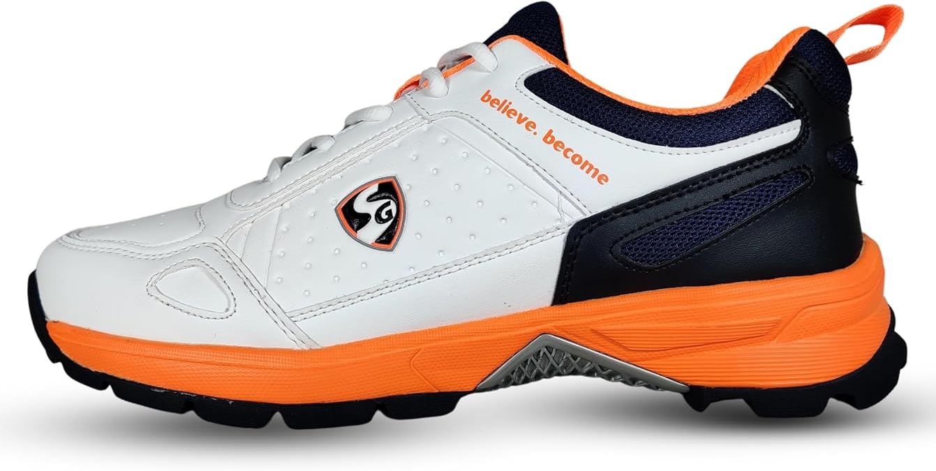 SG Mens Club 6.0 Rubber Spikes Cricket Shoes,White/Navy/Orange - 8 Uk