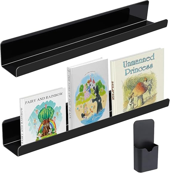 2pcs Magnetic Book Shelf for Whiteboard,Reusable Acrylic Magnetic Home Book Holder with Pen Container for Office,Classroom,Book Display Shelf for Teacher Kids Office Book,Black