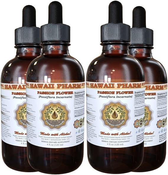 Hawaii Pharm Passion Flower (Passiflora Incarnata) Liquid Extract, Tincture, Herbal Supplement, Made in USA, 4x4 fl.oz