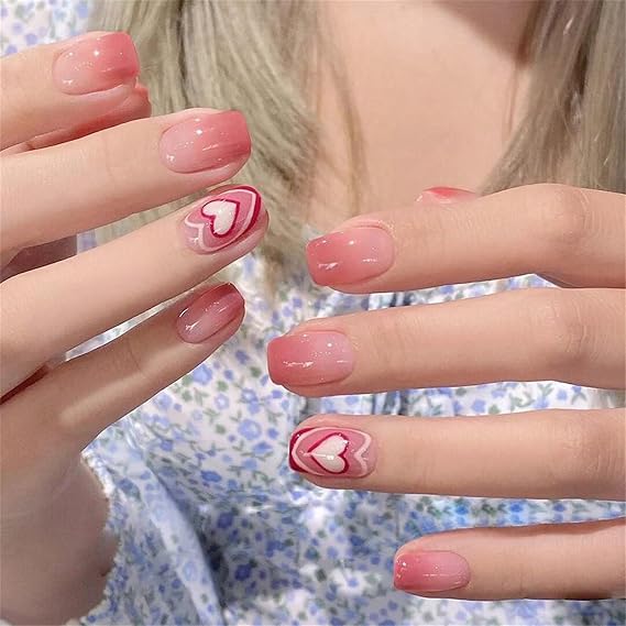 Valentine's Day Press-On Nails Short Square Felt Nail Peach Heart Design Nail Glossy Finish 24pcs Press On