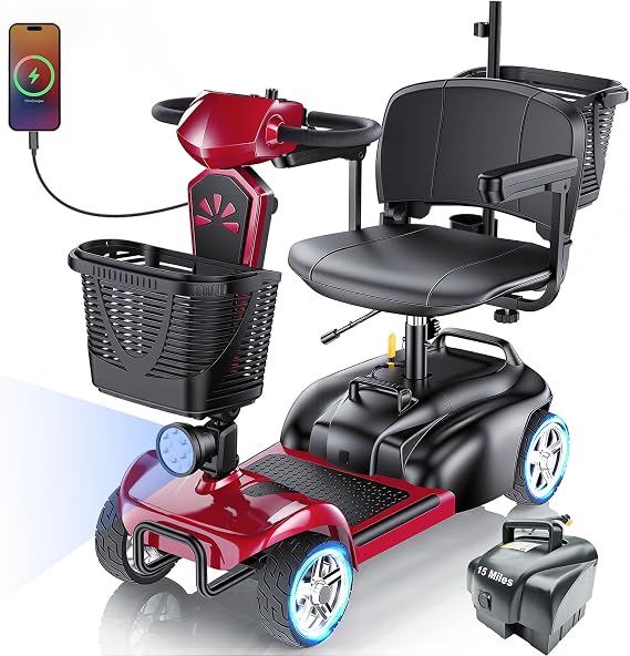 Mobility Scooter for Adults, 15/25/30/50 Miles Long Range, Foldable Electric Scooter for Seniors, Compact Heavy Duty Mobile for Travel, 300Lbs All Terrain, Rotating Wide Seat, Dual Baskets