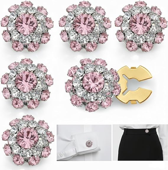 CONBOLA 6 Pcs Button Covers for Women Blouses - Rhinestone Button Covers for Women, 17.5mm Flower Crystal Clips, DIY Jewelry for Crafting Clothing (Pink)