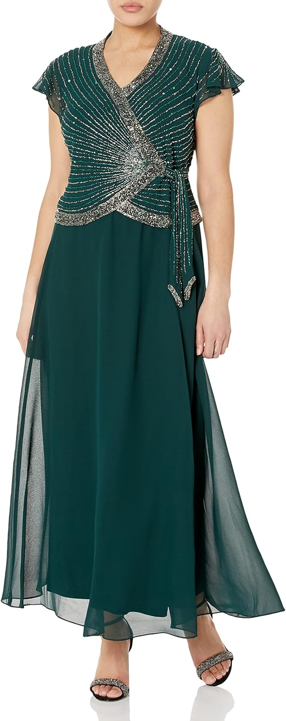 J Kara Womens Petite Faux Wrap Long Dress W/Flutter SleeveSpecial Occasion Dress