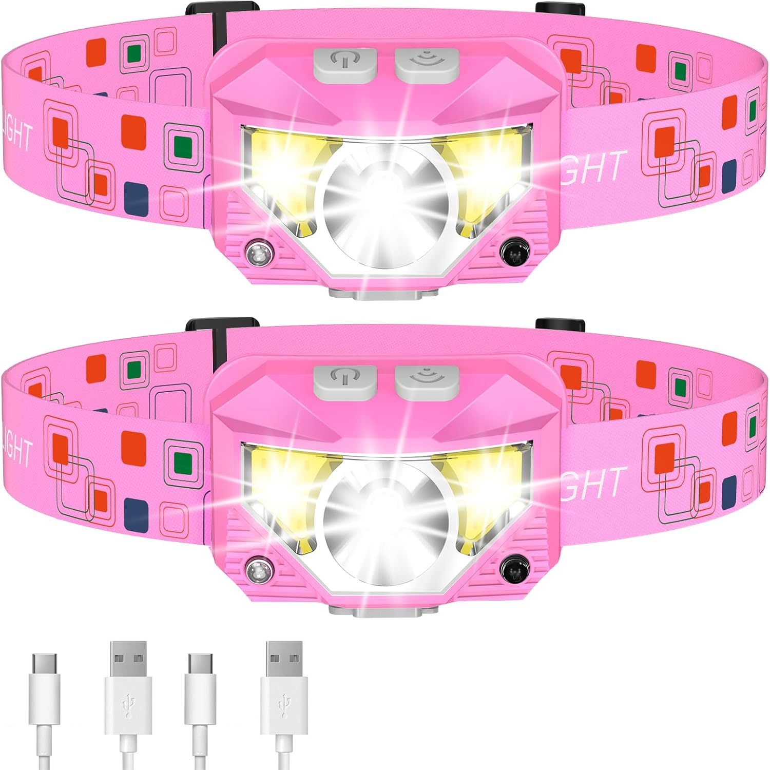 LHKNL Headlamp Flashlight, High Lumen Bright LED Rechargeable Headlight with White Red Light, 2-Pack Waterproof Motion Sensor Head Lamp, 8 Mode for Camping Running Hiking Fishing Gear- Pink