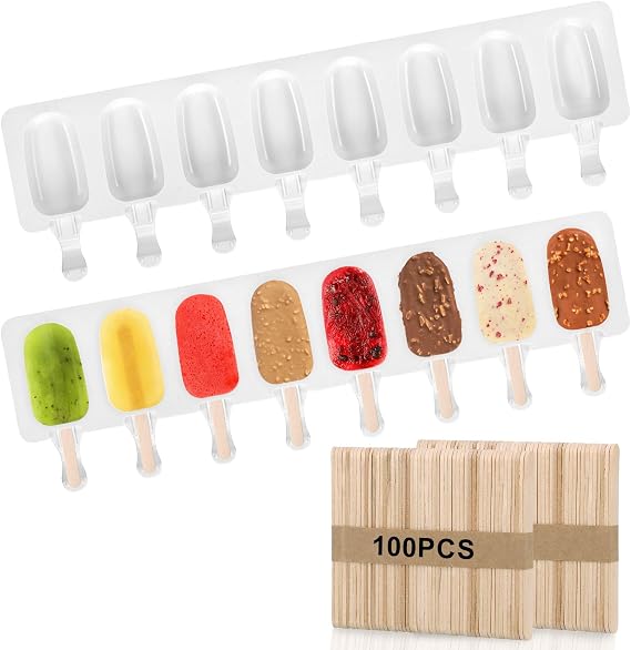 2Pcs Ice Lolly Moulds with Sticks, Non-Stick Silicone Popsicle Mould, DIY Ice Cream Moulds with 100 Wooden Sticks for Homemade Dessert, BPA-Free