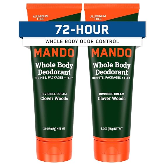 Mando Whole Body Deodorant For Men - Cream - 3 oz Tube, 2 pk - Clover Woods | 72 Hour Odor Control Invisible Cream Whole Body Mandelic Acid Aluminum Free Baking Soda Skin Safe Feet Chest