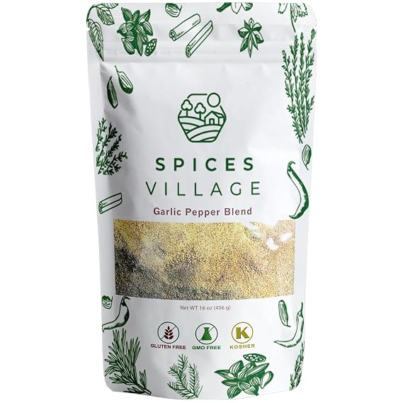 Spices Village Garlic Pepper Seasoning Blend,16 oz, Kosher, Gluten Free | Ground Garlic & Black Pepper Mix for Cooking & Grilling