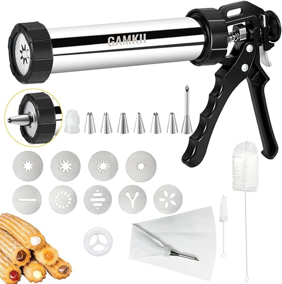 Churro Maker Machine Stailness Steel Churrro Gun Kit with 4 Discs for Hollow Churro,5 Cookies Discs, 6 Icing Piping Nozzle, Piping Bag, 2 Clean Brushes for Cake Dessert DIY Maker Cookie Press