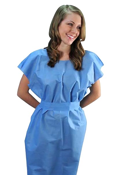 DG Patient Exam Gown X-Small (50 Count) Blue SMS Nonwoven, Fluid-Resistant, Latex-Free Open Back with Separate Tie Belt Single-Use Medical Gown Made in USA