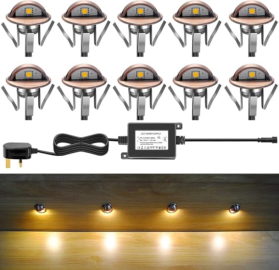 Low Voltage LED Deck Lighting Kits with Transformer, 10 Pack IP65 Waterproof Outdoor Recessed Wall Patio Stairs Step Garden Yard Decorations Landscape Lights (Warm White, Bronze) [Energy Class A+]