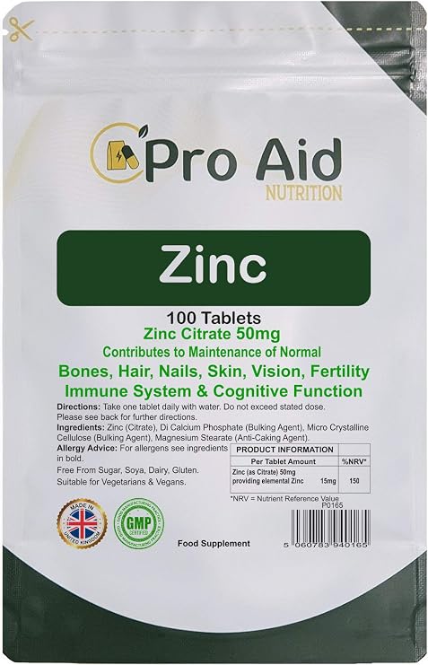 Zinc Tablets 50mg | Immune Function, Fertility, Healthy Bones, Vision, Hair, Nails and Skin | Easy to Swallow | Letterbox Friendly | One per Day |100 Pack by ProAid | Made in UK